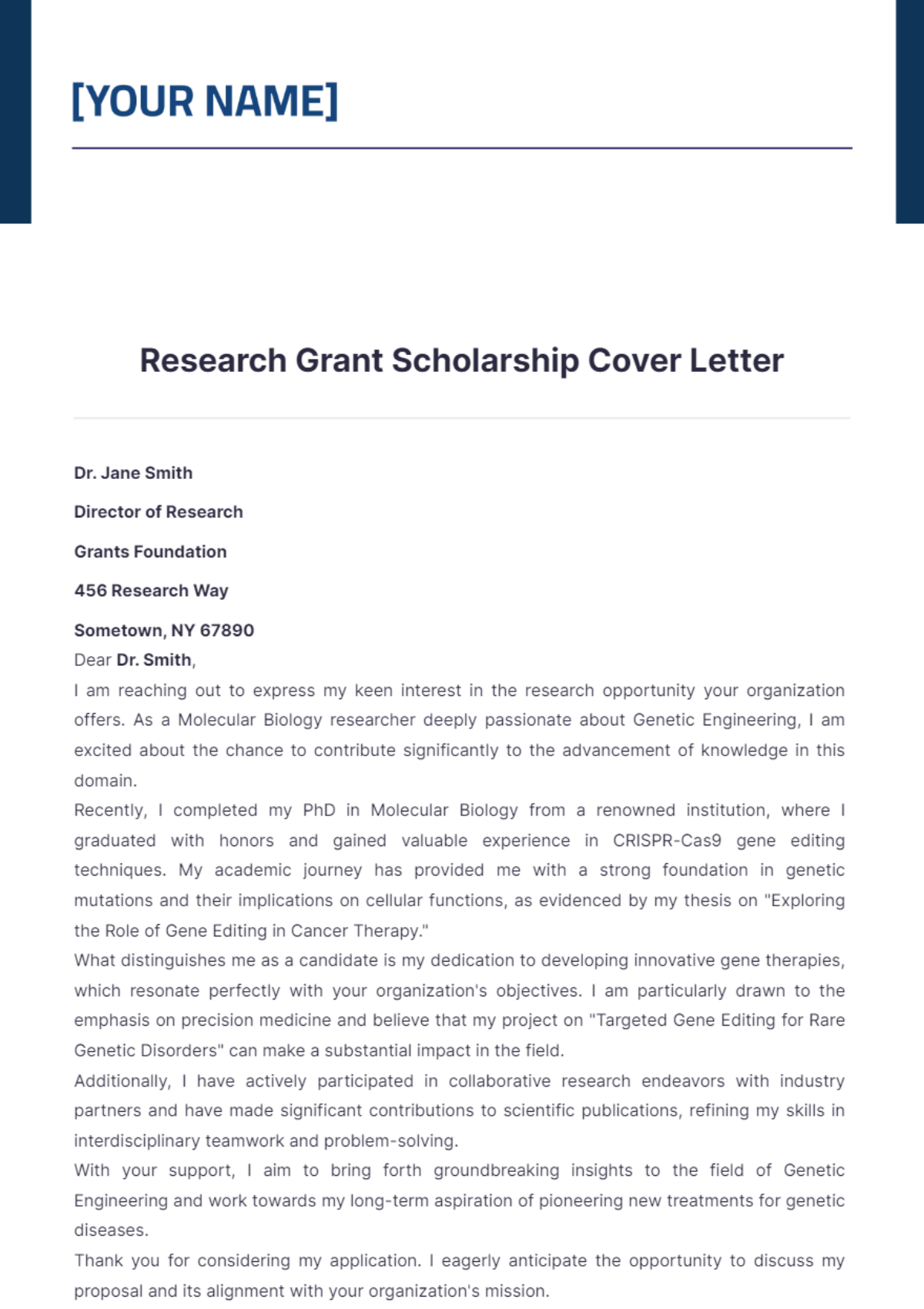 Research Grant Scholarship Cover Letter - Edit Online & Download