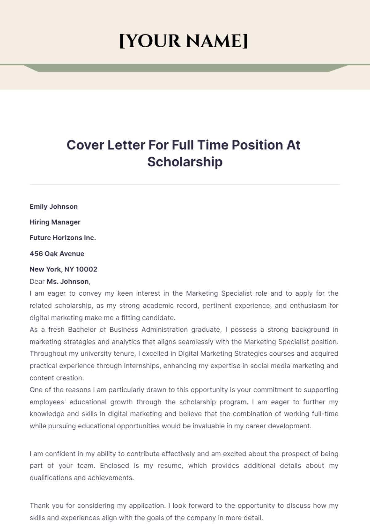 Cover Letter For Full Time Position At Scholarship - Edit Online & Download