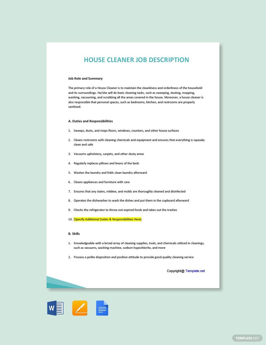 House Cleaner Job Ad and Description Template - Google Docs, Word