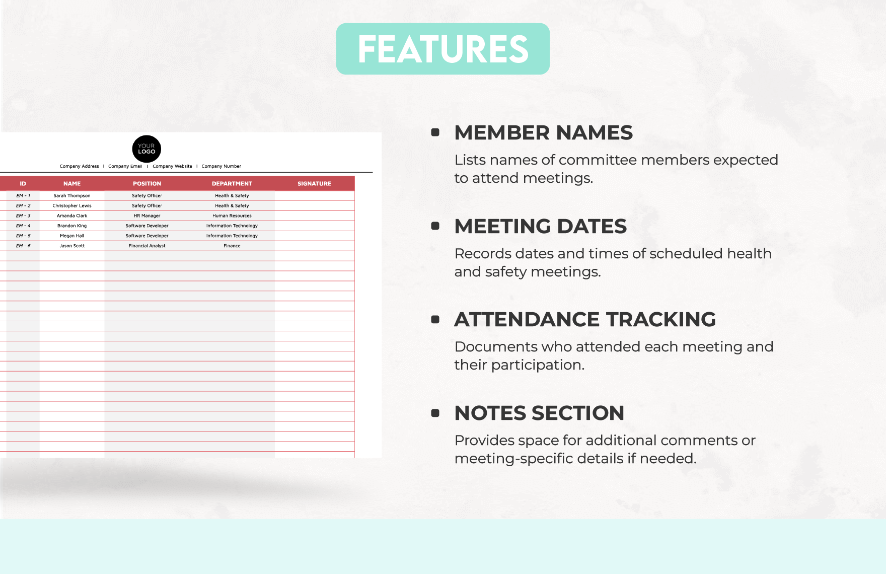 Health & Safety Meeting Attendance Log Template