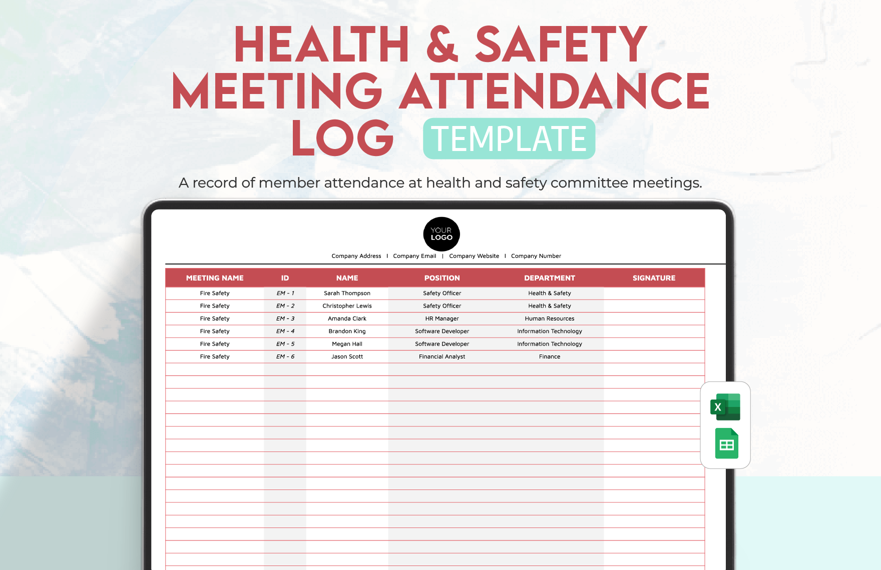 Health & Safety Meeting Attendance Log Template in Excel, Google Sheets