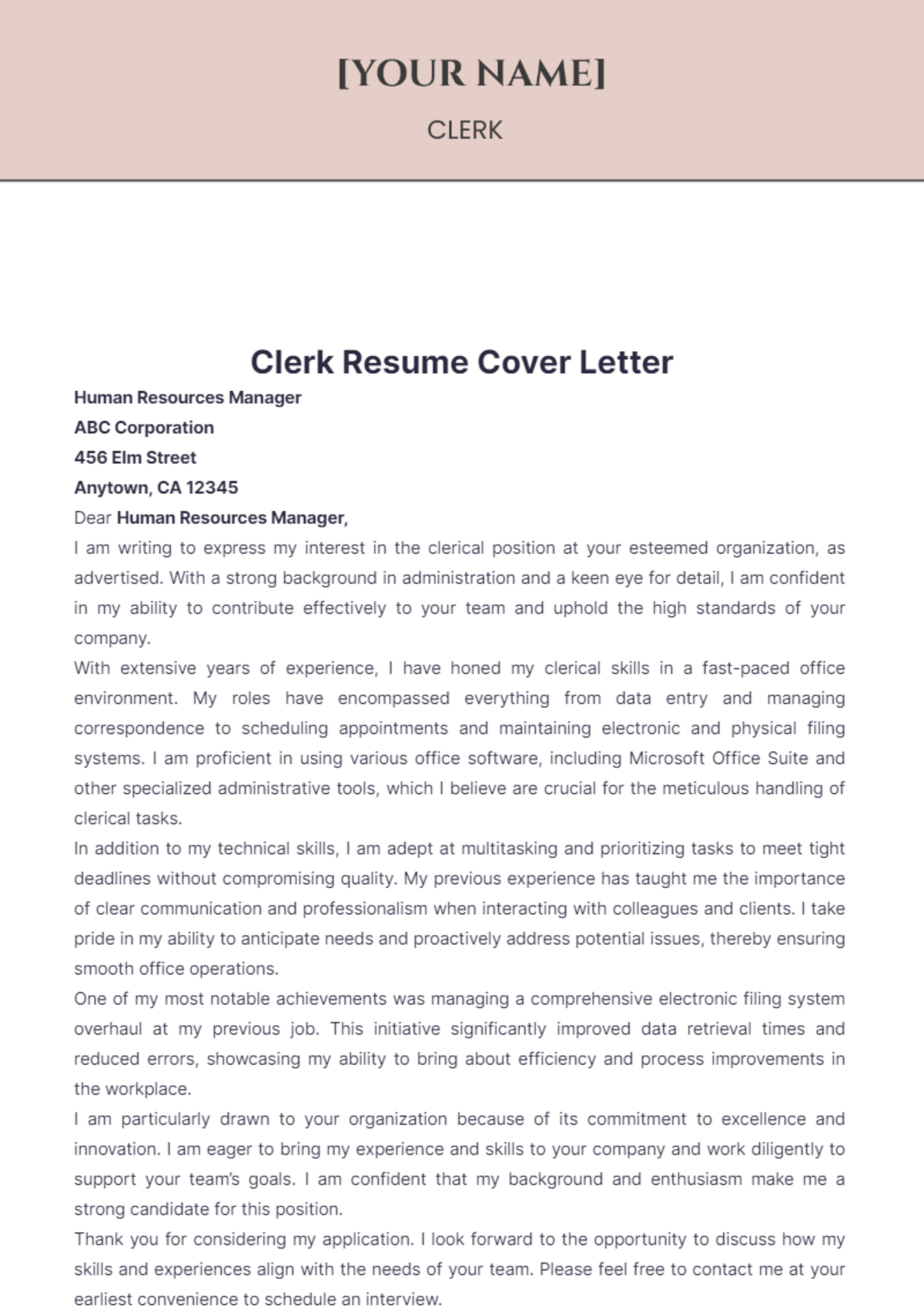 Clerk Resume Cover Letter - Edit Online & Download