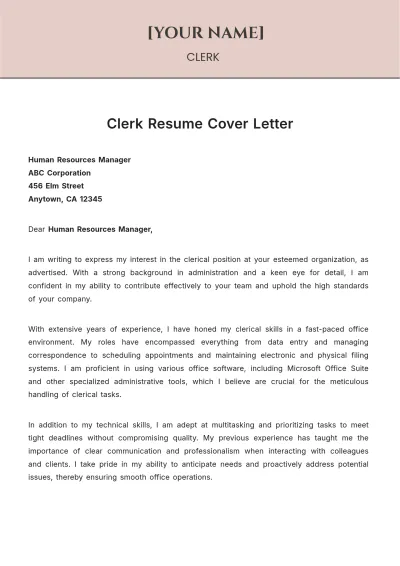 Free Clerk Resume Cover Letter to Edit Online