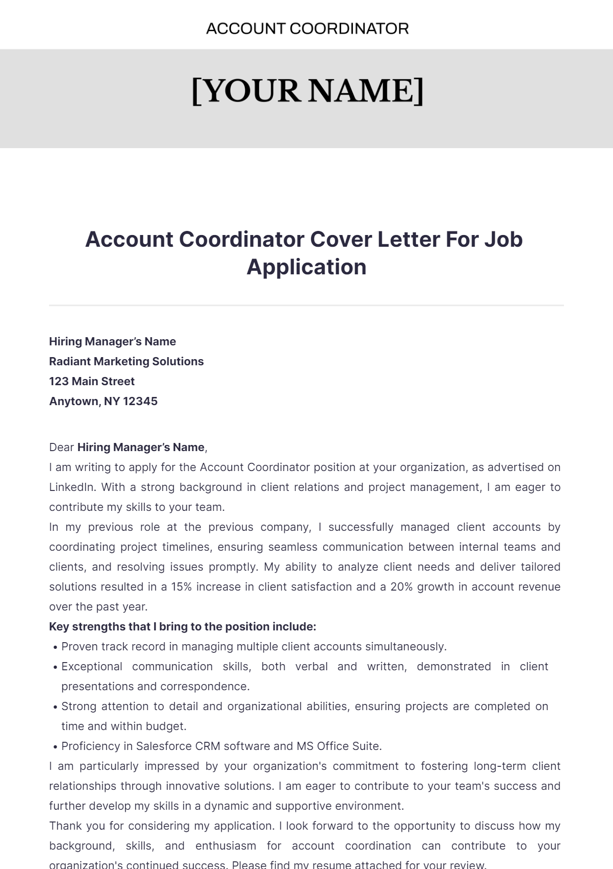 Account Coordinator Cover Letter For Job Application - Edit Online & Download