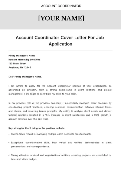 Free Account Coordinator Cover Letter For Job Application to Edit Online