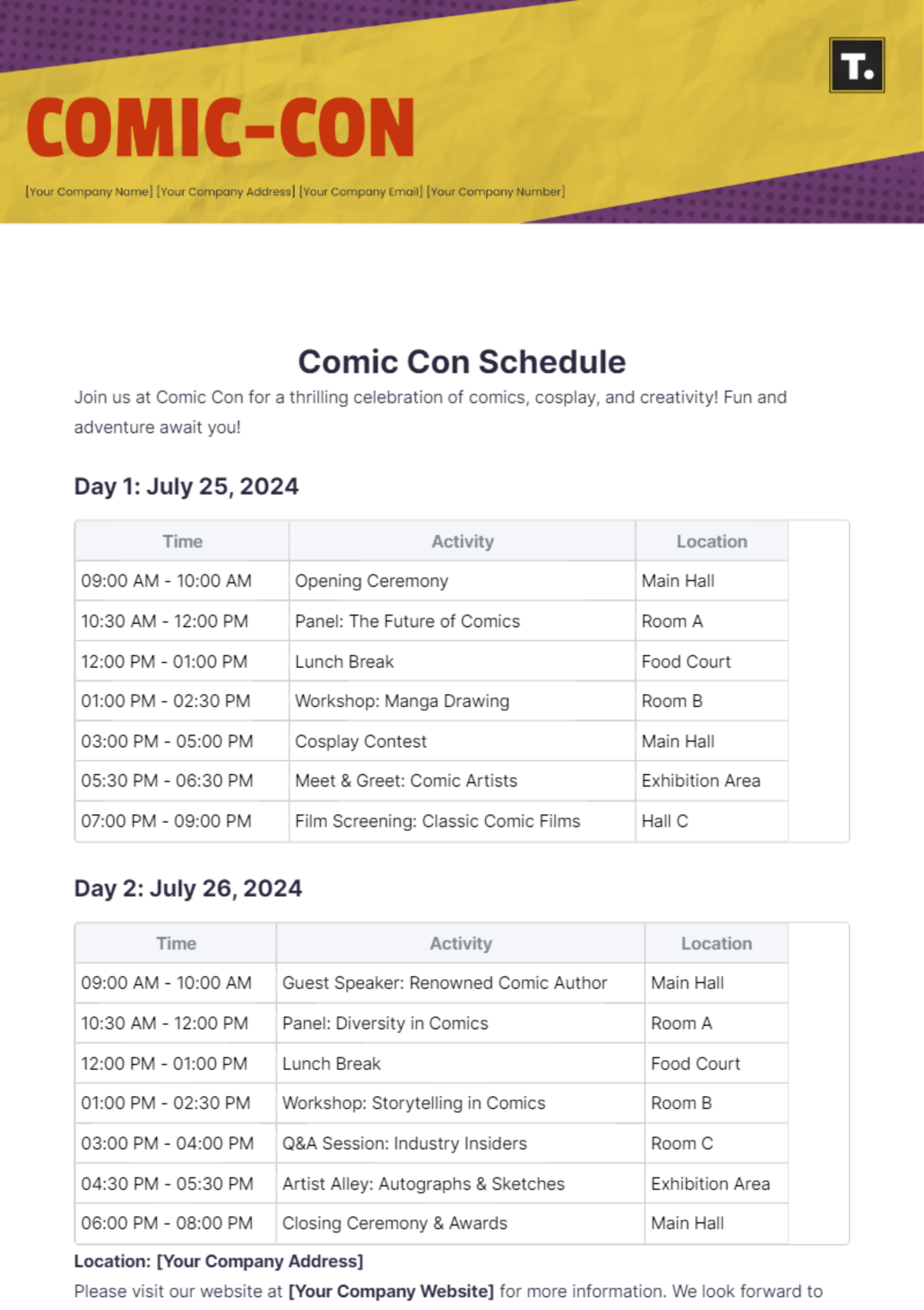 Comic Con Schedule Template - Edit Online & Download