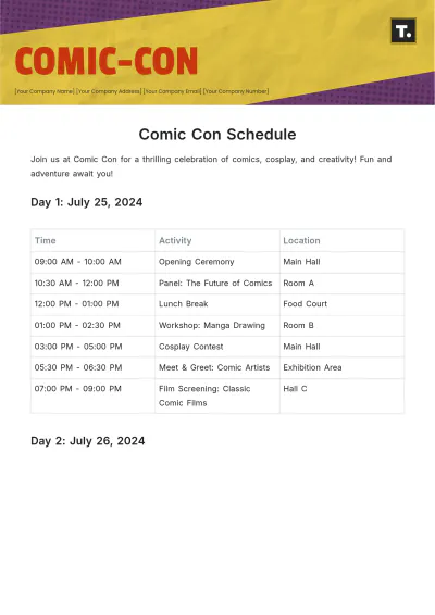 Free Comic Con Schedule Template to Edit Online