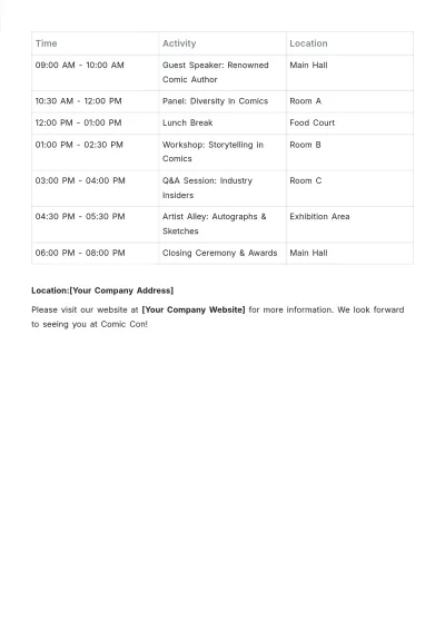 Free Comic Con Schedule Template to Edit Online