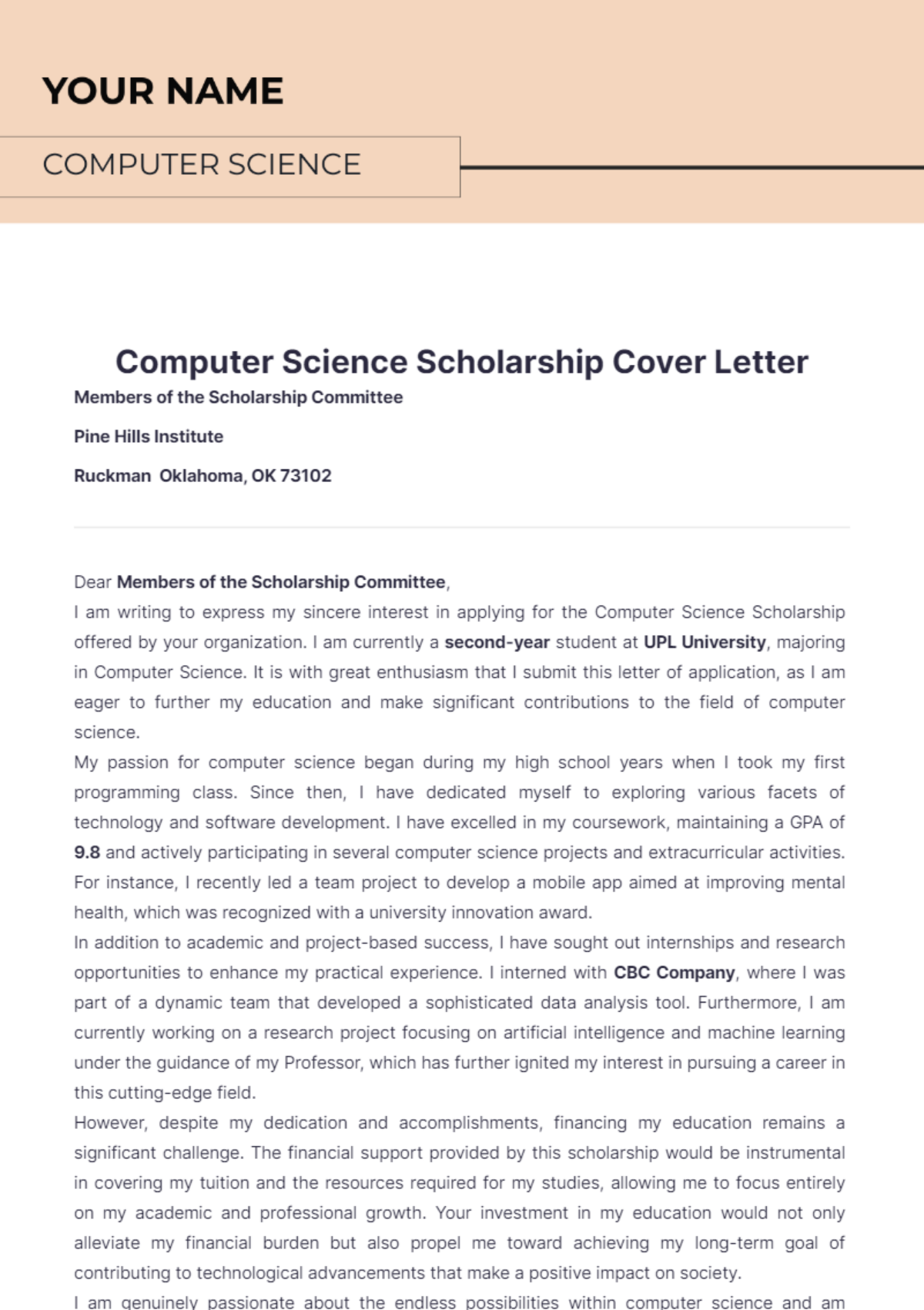 Computer Science Scholarship Cover Letter - Edit Online & Download