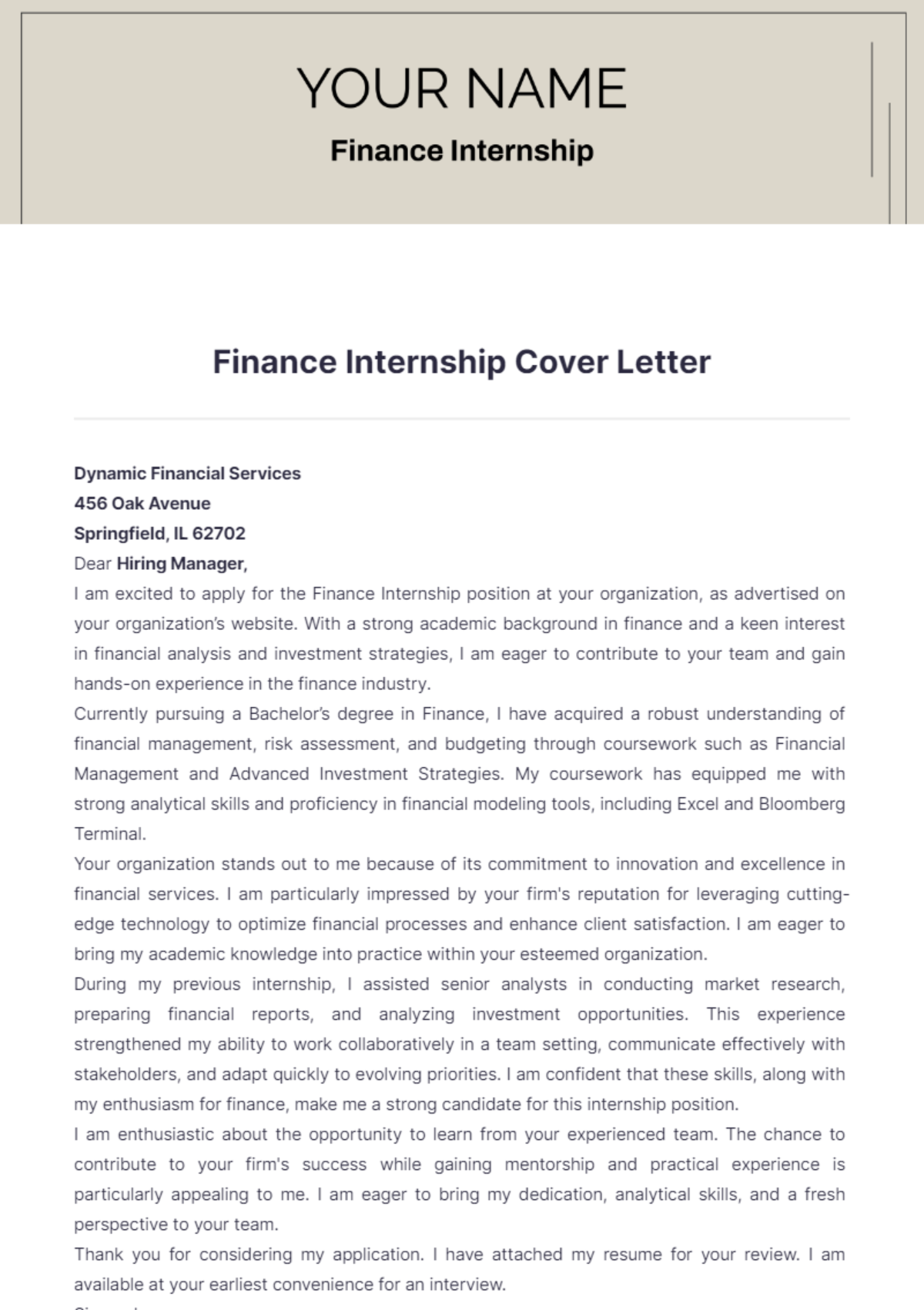 Finance Internship Cover Letter - Edit Online & Download