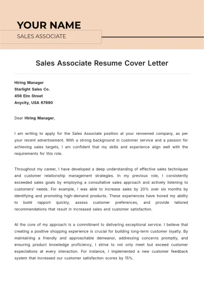 Free Sales Associate Resume Cover Letter to Edit Online