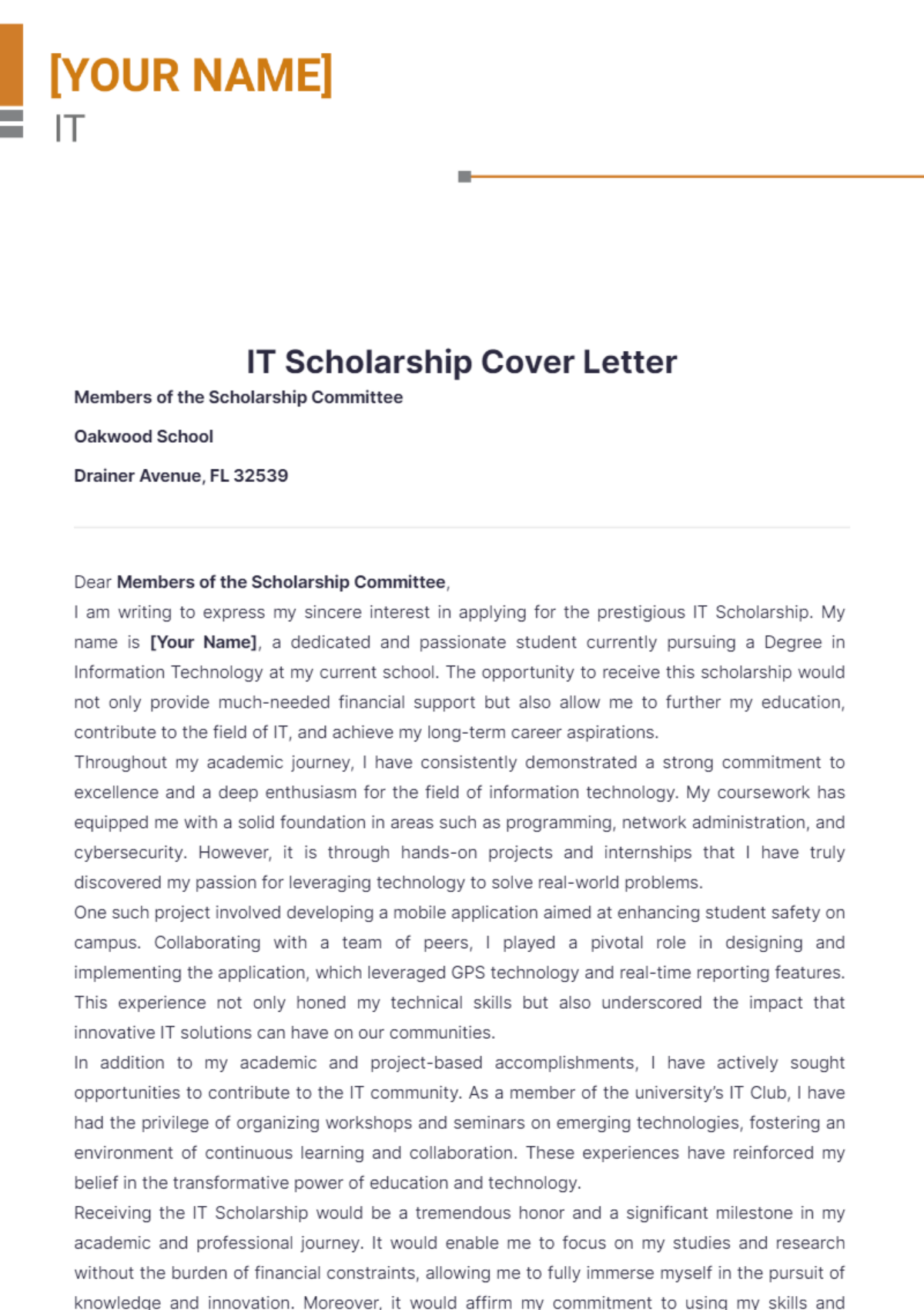 IT Scholarship Cover Letter - Edit Online & Download