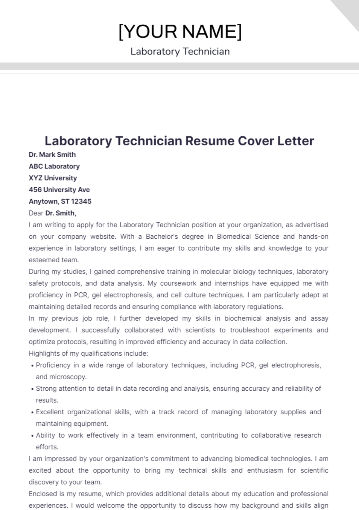 Laboratory Technician Resume Cover Letter - Edit Online & Download