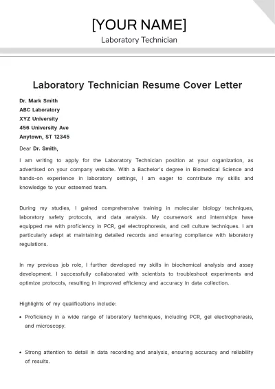 Free Laboratory Technician Resume Cover Letter to Edit Online