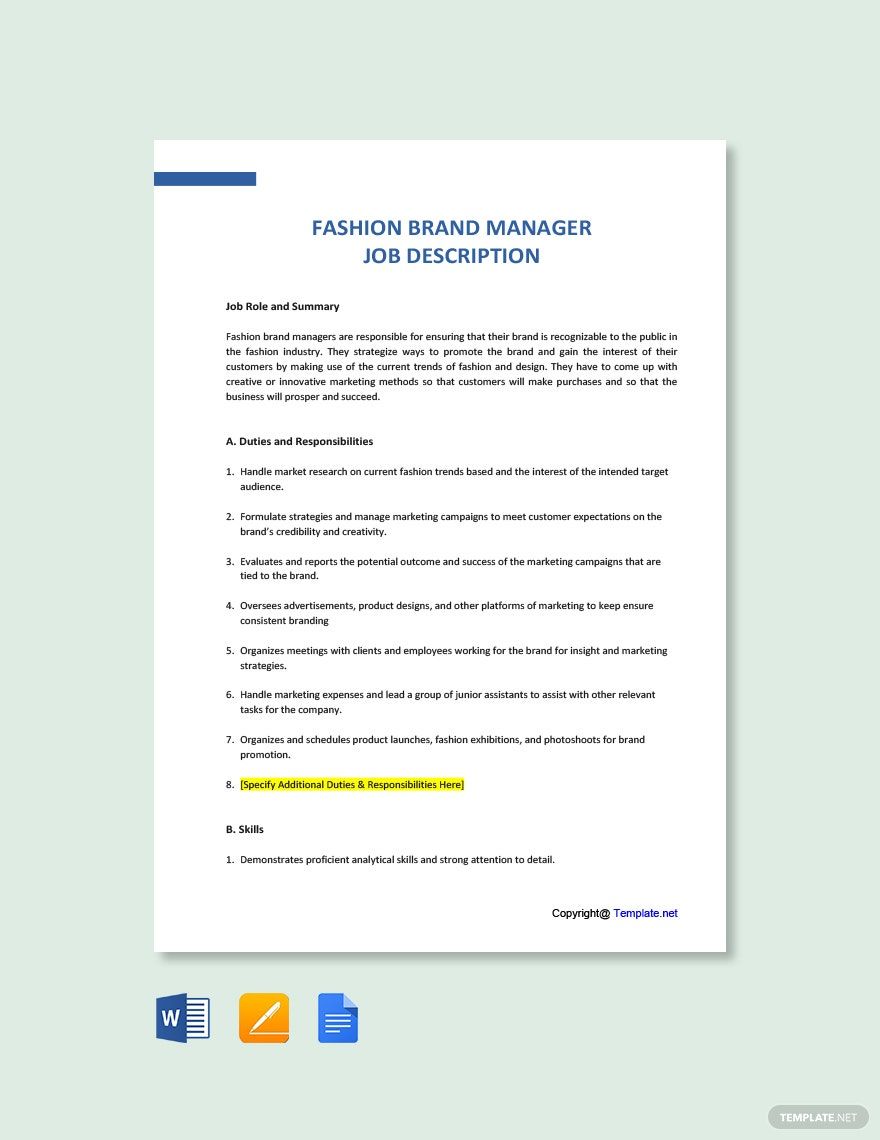 Free Fashion Brand Manager Job Description Template