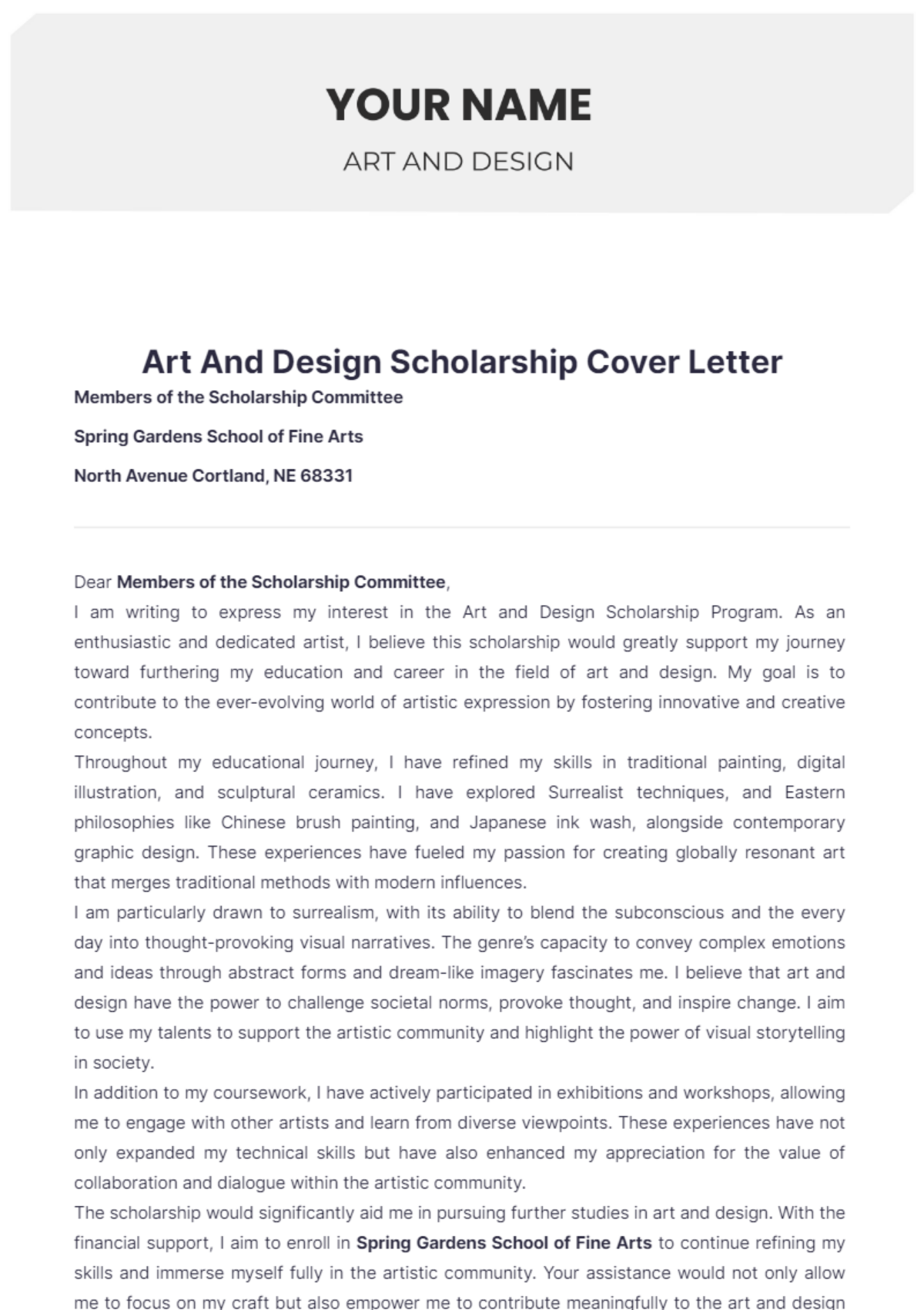 Art And Design Scholarship Cover Letter - Edit Online & Download