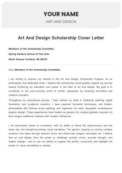 Free Art And Design Scholarship Cover Letter to Edit Online