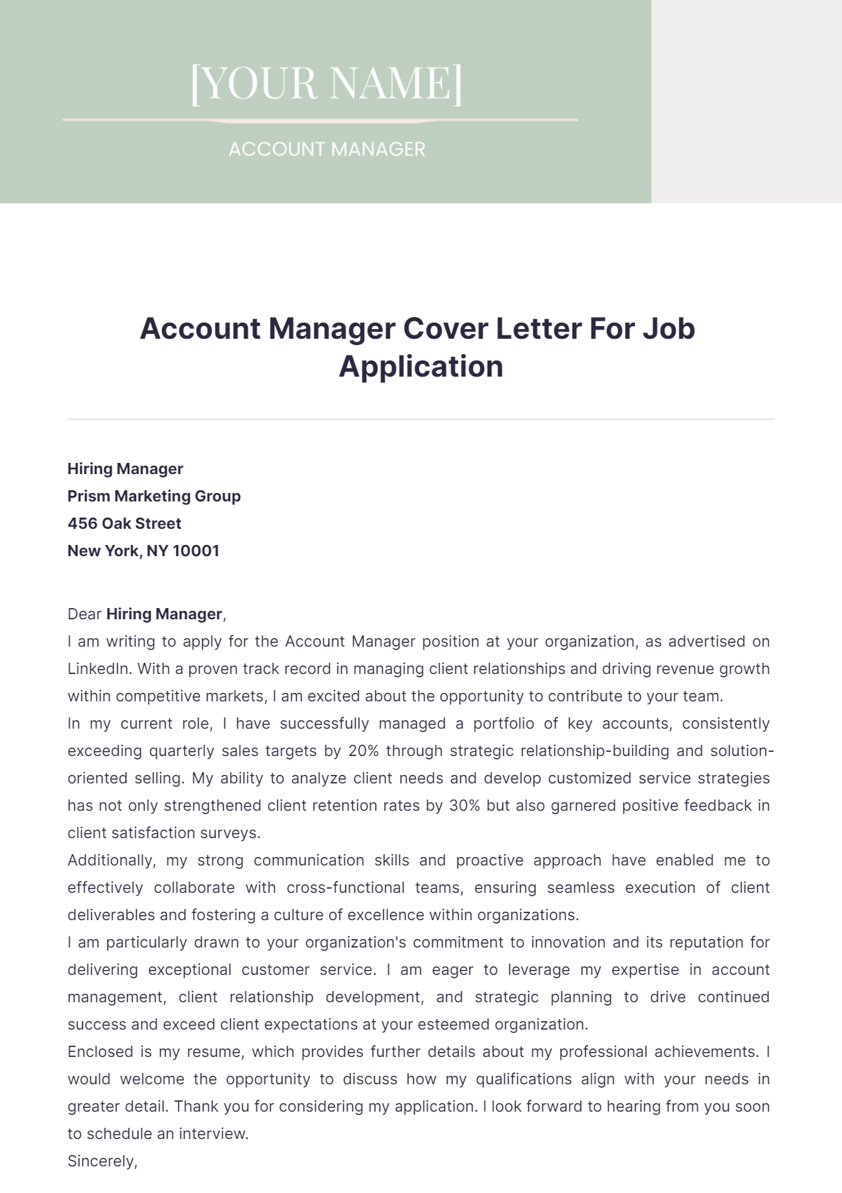 Account Manager Cover Letter For Job Application - Edit Online & Download