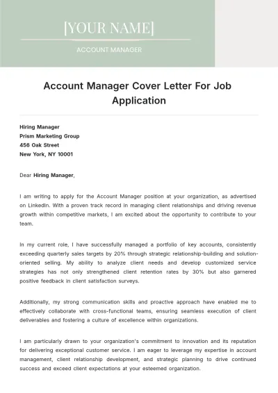Free Account Manager Cover Letter For Job Application to Edit Online