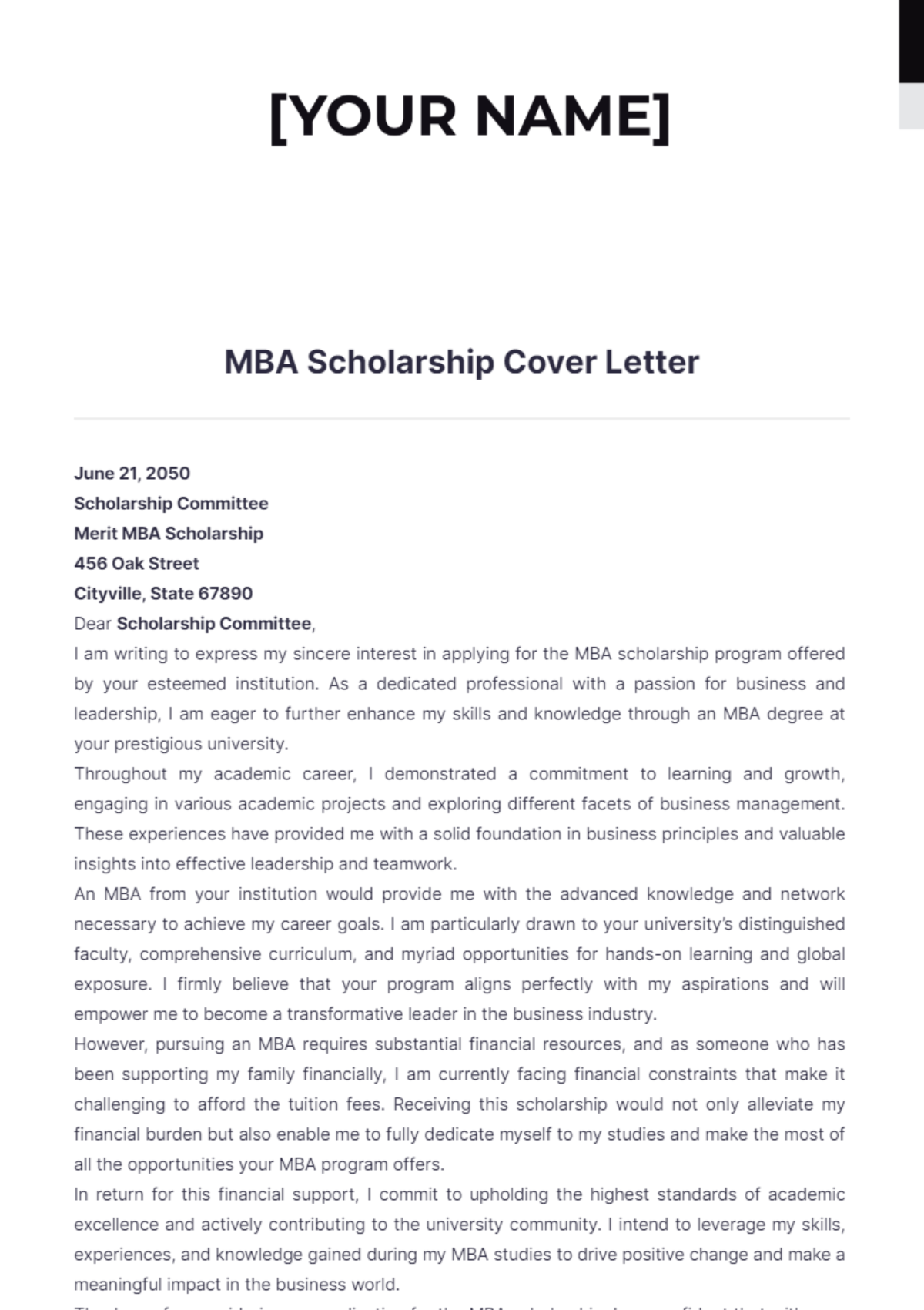 MBA Scholarship Cover Letter - Edit Online & Download