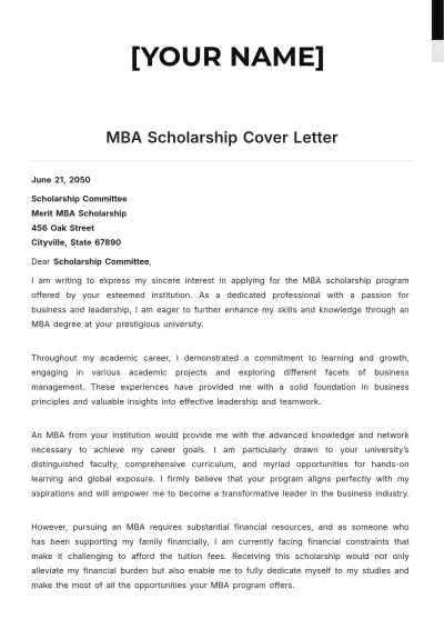 Free MBA Scholarship Cover Letter to Edit Online
