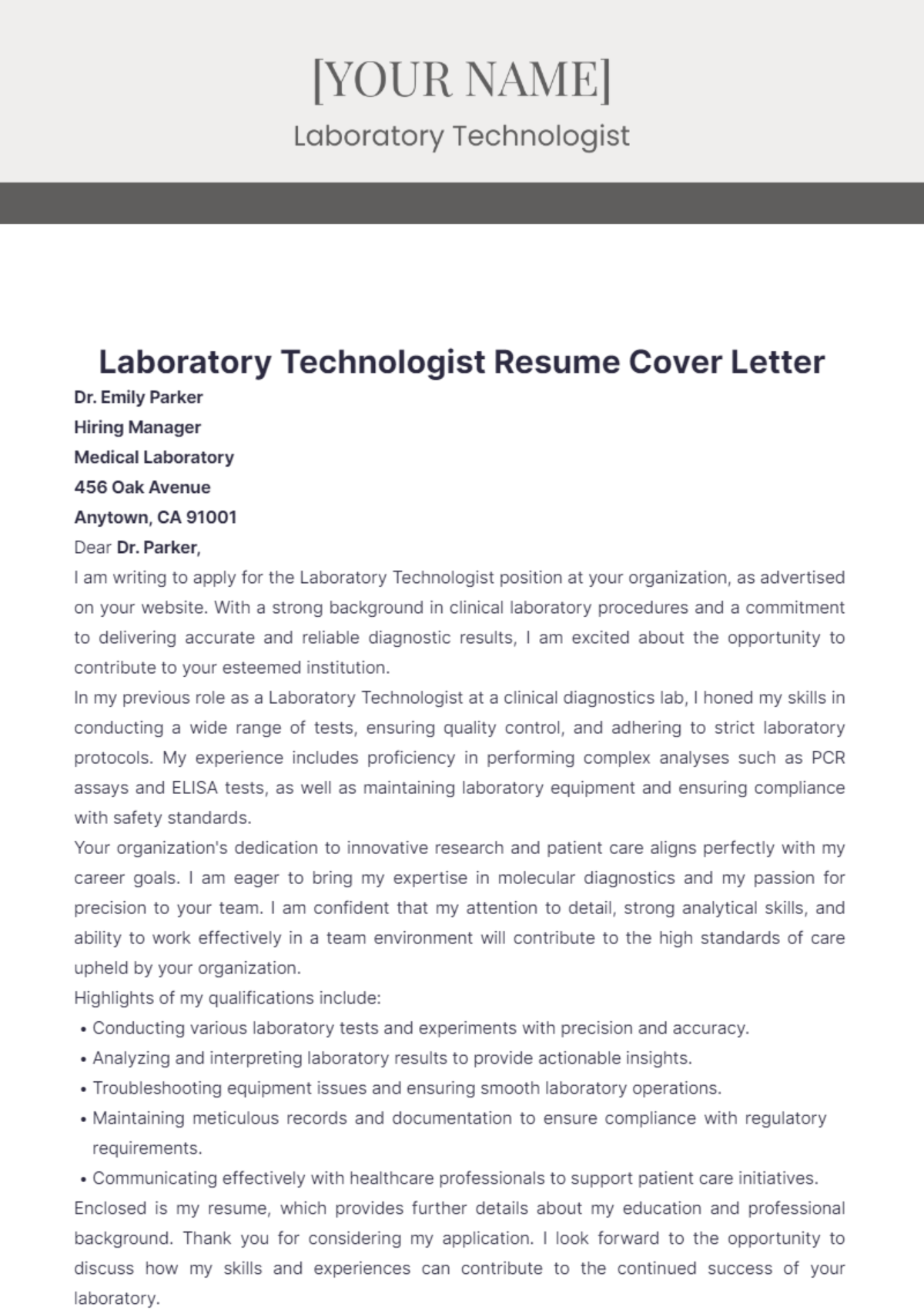 Laboratory Technologist Resume Cover Letter - Edit Online & Download