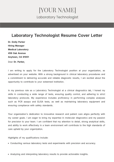 Free Laboratory Technologist Resume Cover Letter to Edit Online