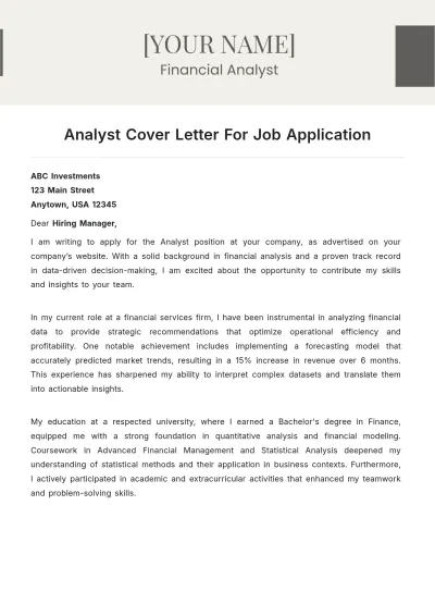 Free Analyst Cover Letter For Job Application to Edit Online