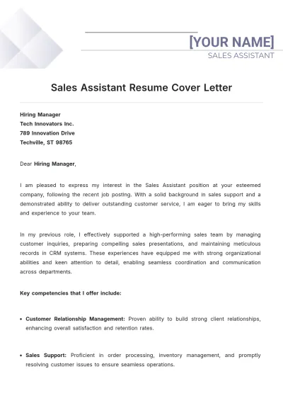 Free Sales Assistant Resume Cover Letter to Edit Online