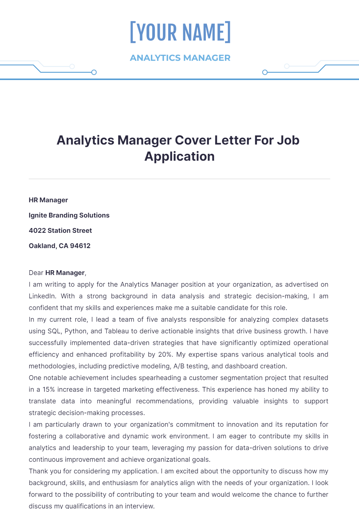 Analytics Manager Cover Letter For Job Application - Edit Online & Download