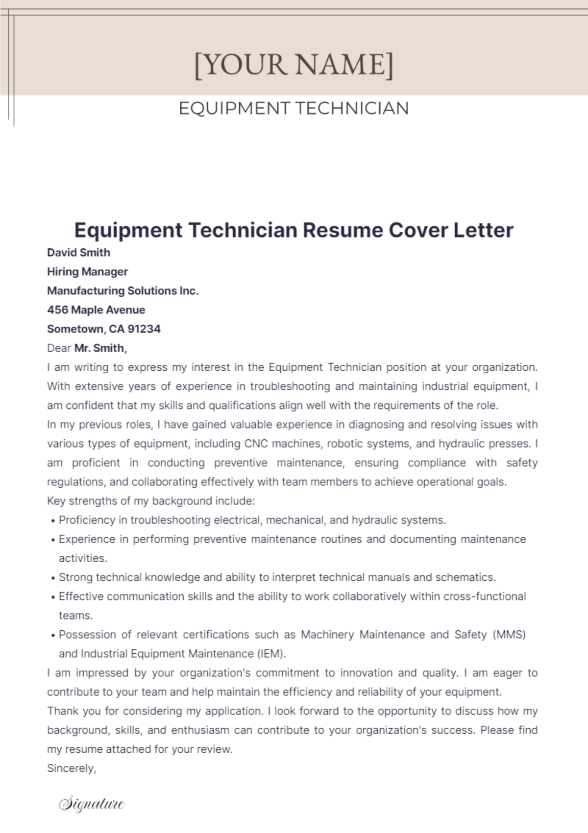 Equipment Technician Resume Cover Letter - Edit Online & Download