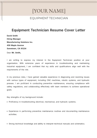 Free Equipment Technician Resume Cover Letter to Edit Online