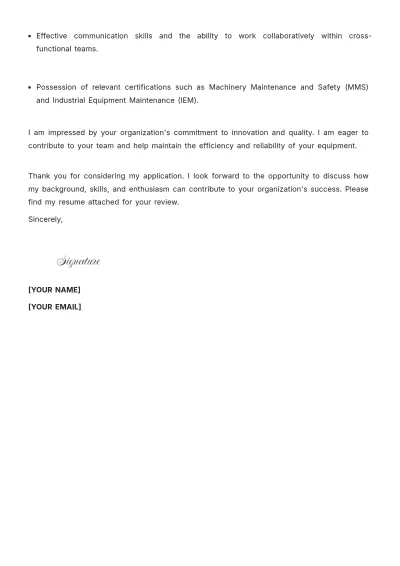Free Equipment Technician Resume Cover Letter to Edit Online