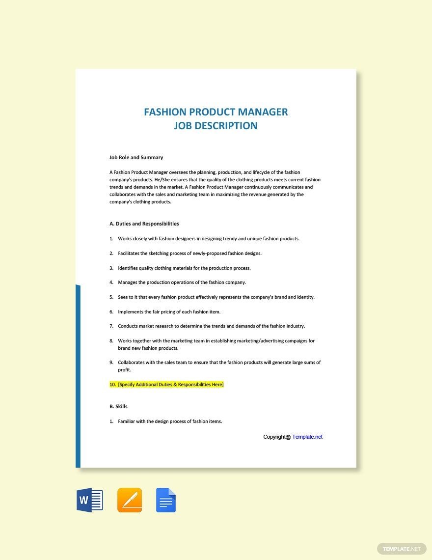 Free Fashion Product Manager Job Description Template