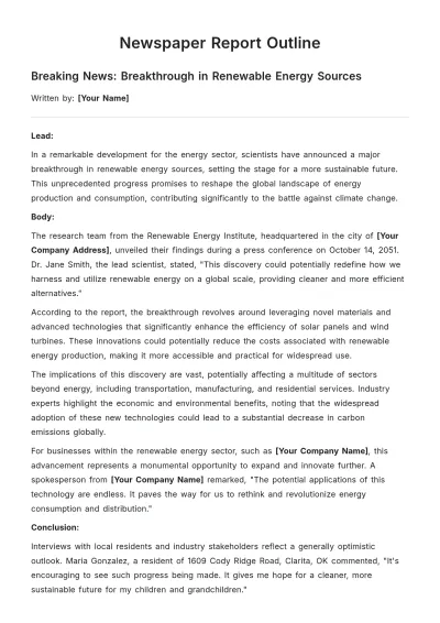Free Newspaper Report Outline Template to Edit Online