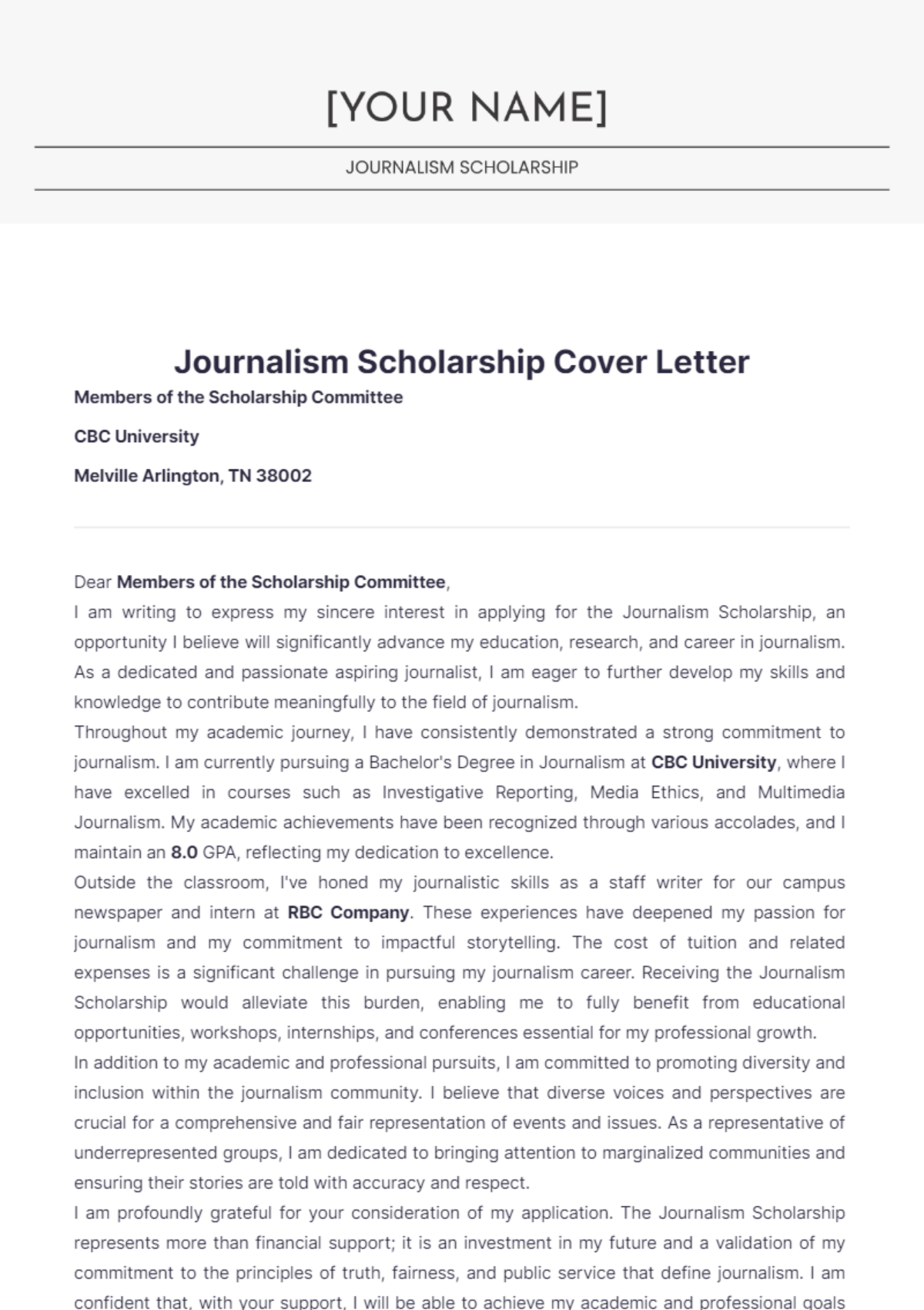 Journalism Scholarship Cover Letter - Edit Online & Download