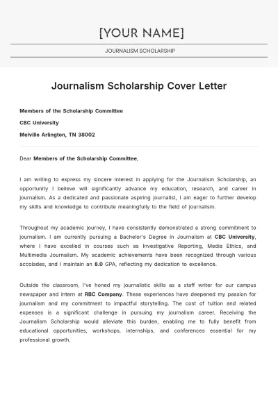 Free Journalism Scholarship Cover Letter to Edit Online