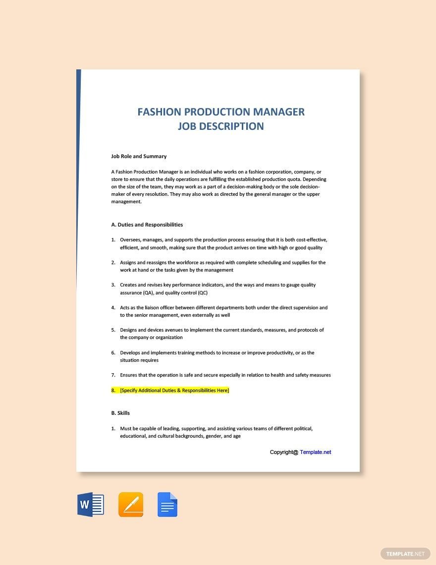 Free Fashion Production Manager Job Description Template