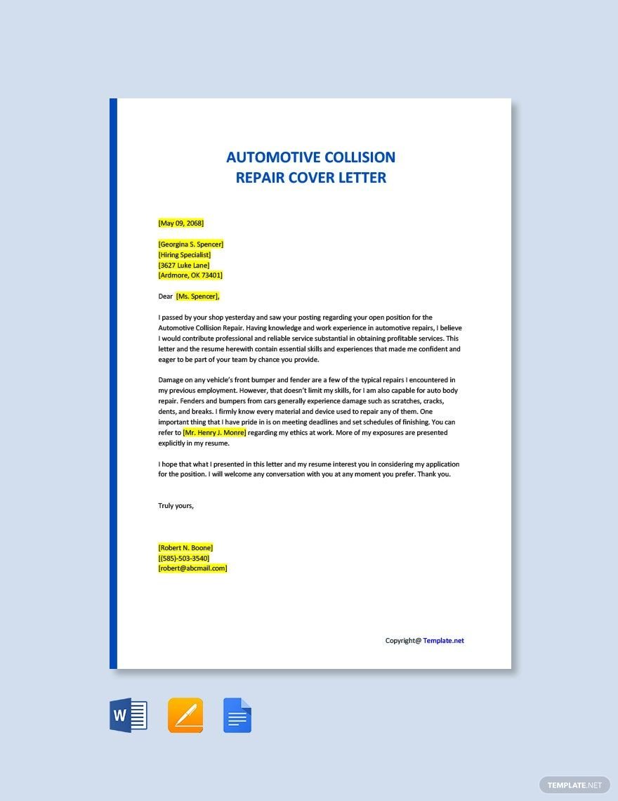 Free Automotive Collision Repair Cover Letter Template