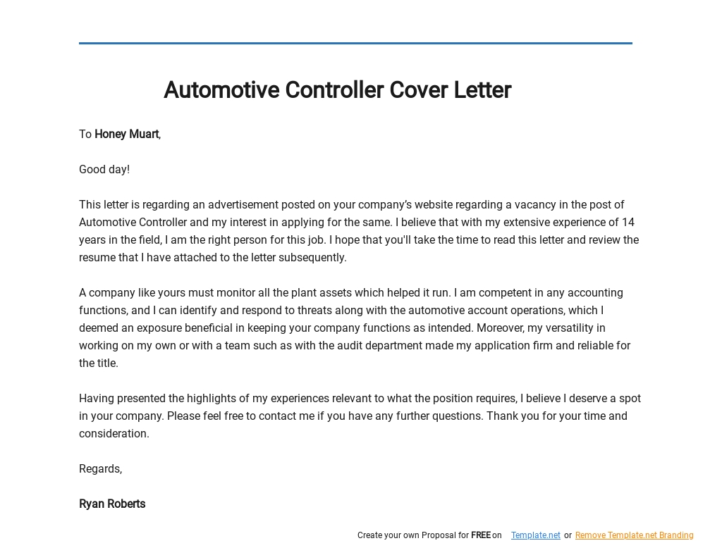 Free Automotive Controller Cover Letter Template.jpe