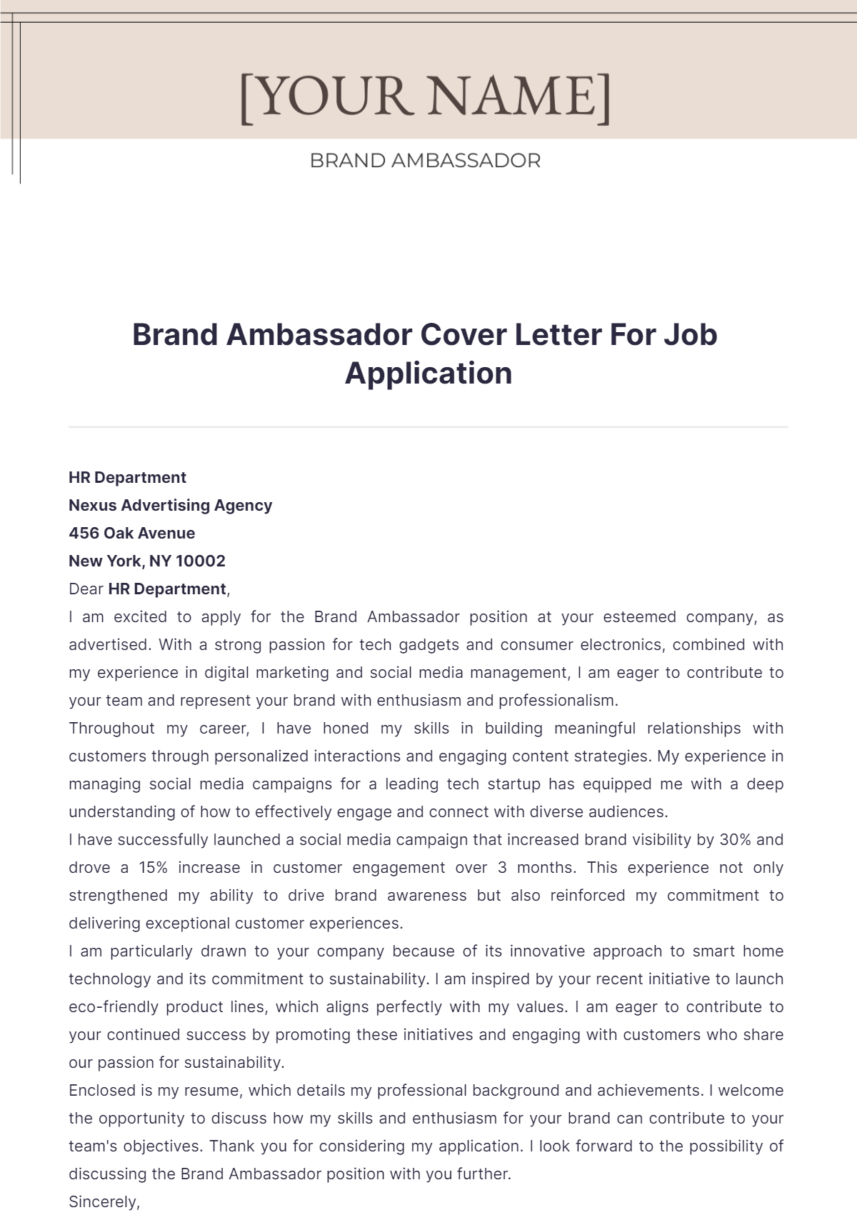 Brand Ambassador Cover Letter For Job Application - Edit Online & Download