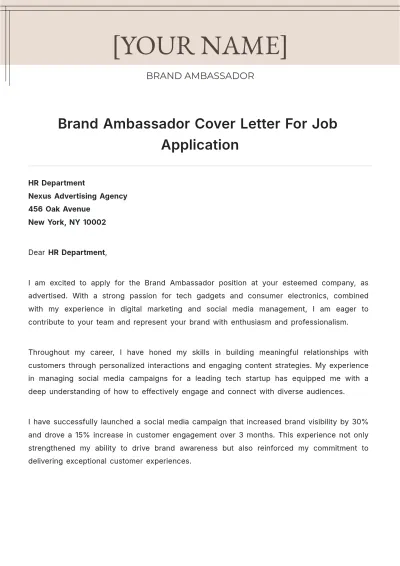 Free Brand Ambassador Cover Letter For Job Application to Edit Online