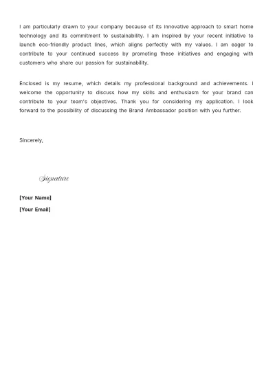 Free Brand Ambassador Cover Letter For Job Application to Edit Online