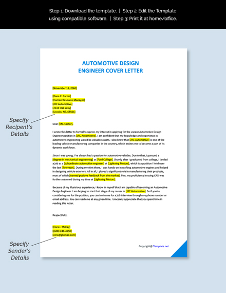 Automotive Design Engineer Cover Letter Template