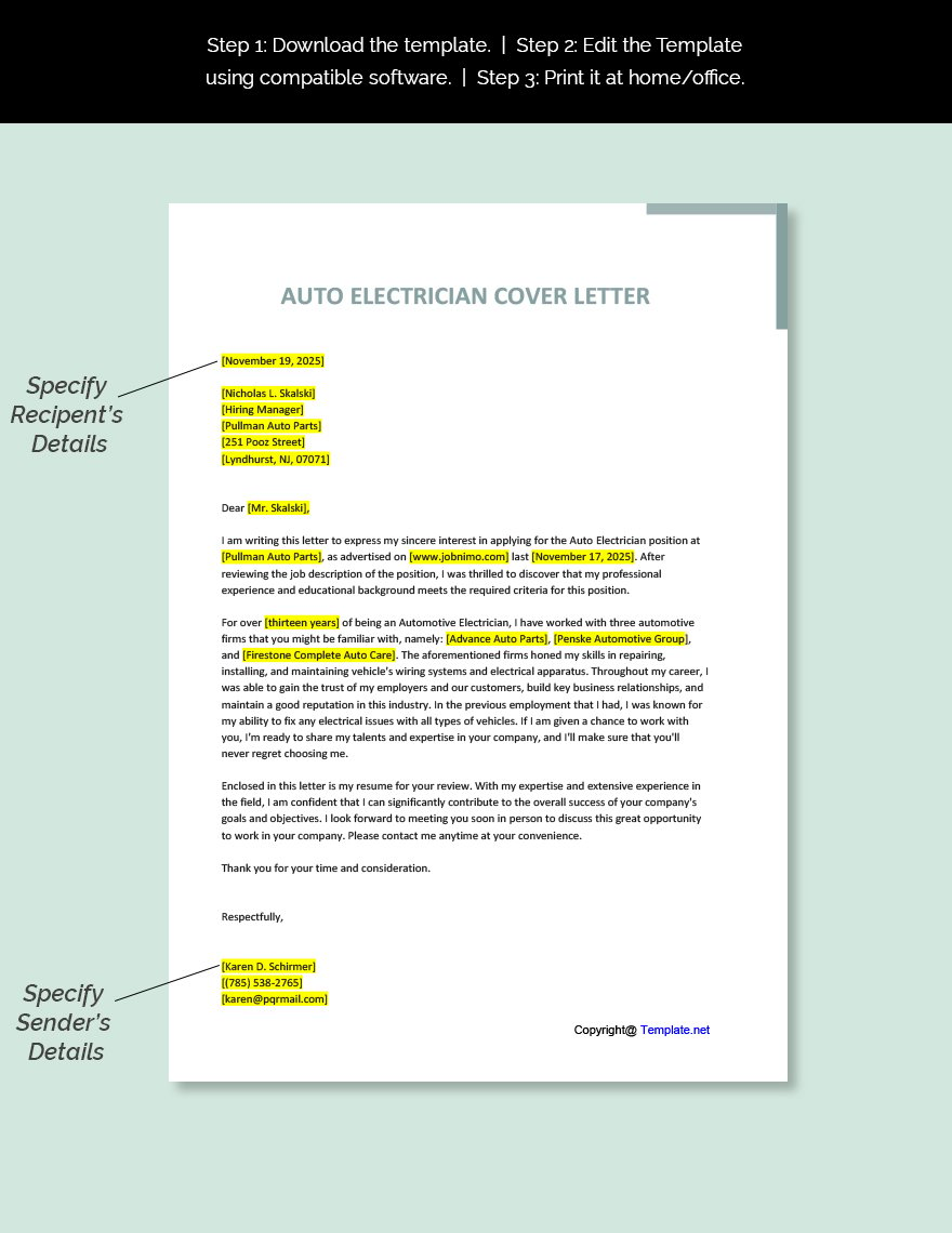 Auto Electrician Cover Letter