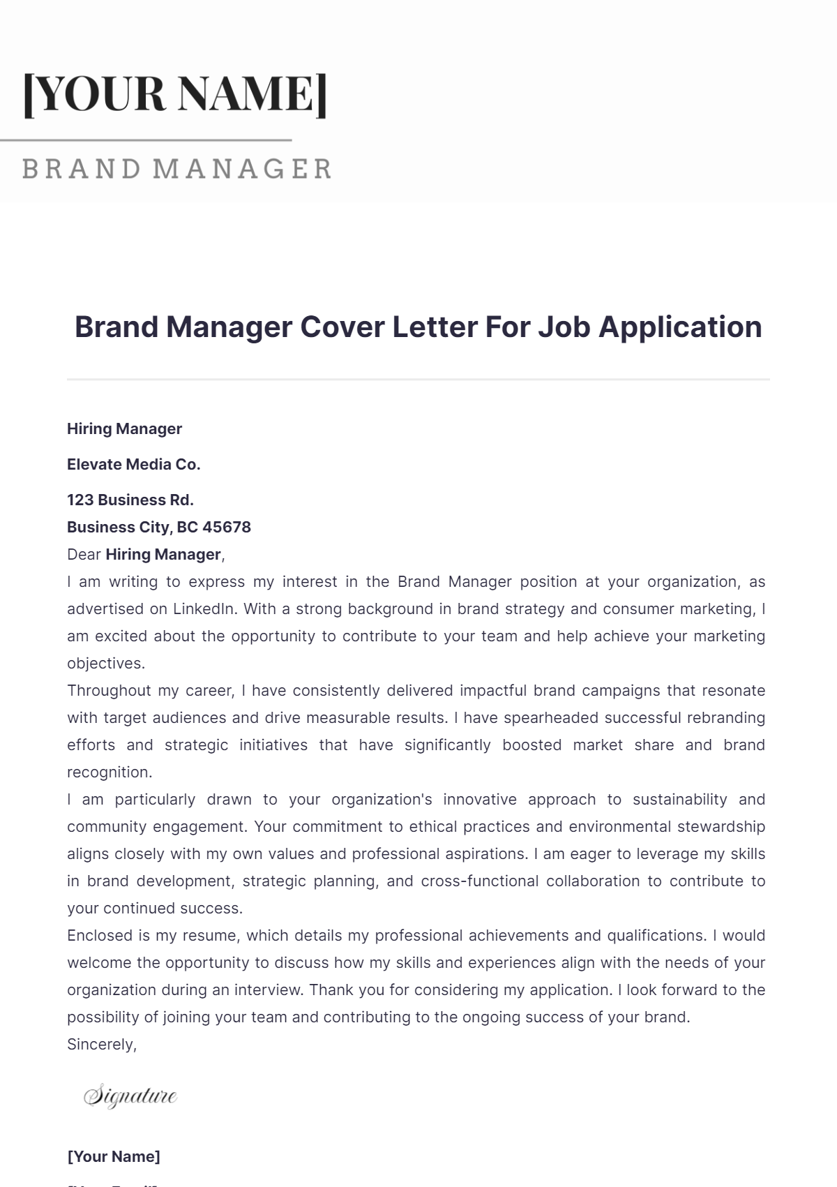 Brand Manager Cover Letter For Job Application - Edit Online & Download