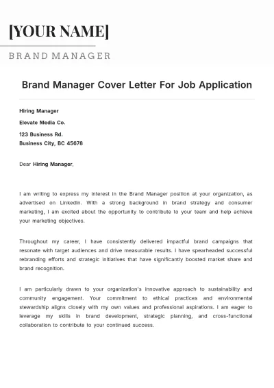 Free Brand Manager Cover Letter For Job Application to Edit Online
