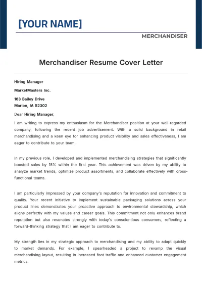 Free Merchandiser Resume Cover Letter to Edit Online