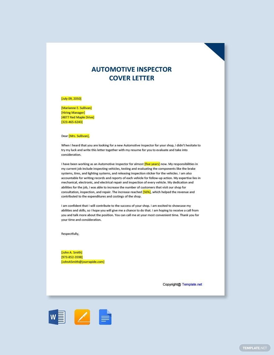 Automotive Inspector Cover Letter
