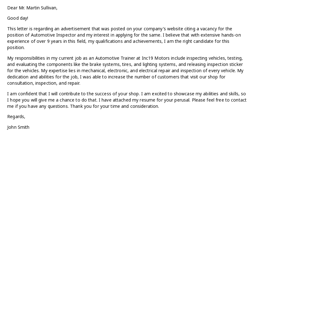 Free Automotive Inspector Cover Letter Template.jpe